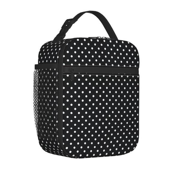 Black Polka Dot Insulated Lunch Bag for Men Women Reusable Compact Cooler Tote Lunchbox