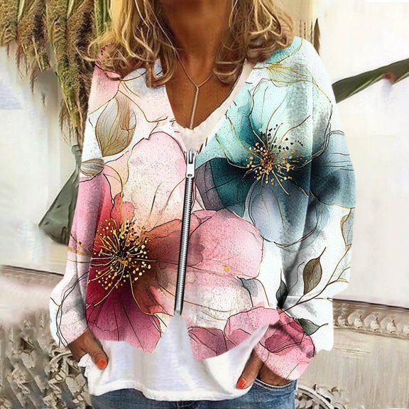 Gamivast Cute Sweaters for Women Floral Winter Zip up V Neck Flannel Jackets Lightweight Long Sleeve Drop Shoulder Fleece Sweaters Fall Fashion Outfits 2025