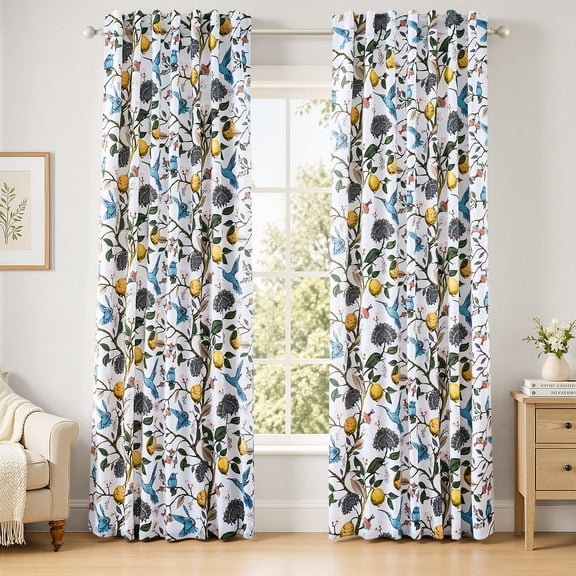 Jainmy Farmhouse Hummingbird Patterned Curtain,Thermal Insulated Blackout Curtains for BedroomDining Living Room,Rod Pocket Back Tab Drapes,52x84 inch,Set of 2,White