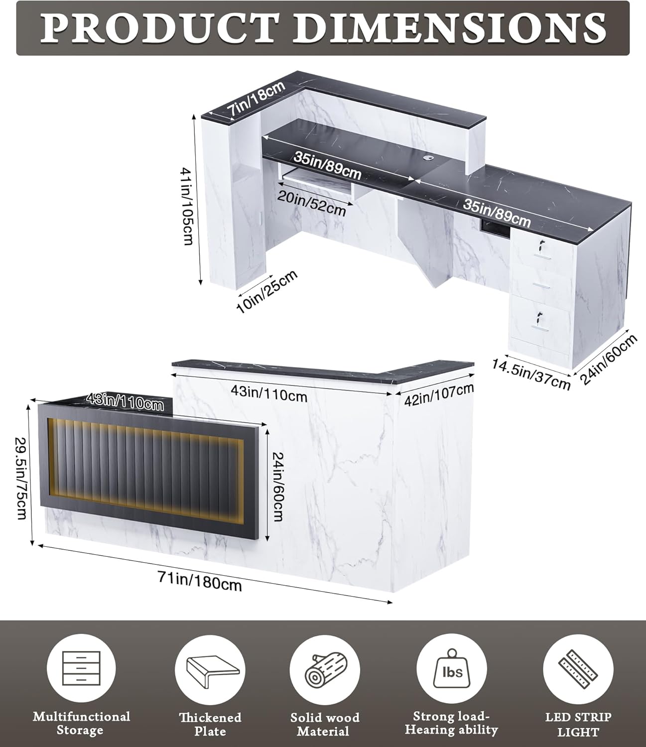 Vakiorn L Shaped Wooden Reception Desk with LED Lights 71x24x41in Lockable Drawers Storage Keyboard Tray