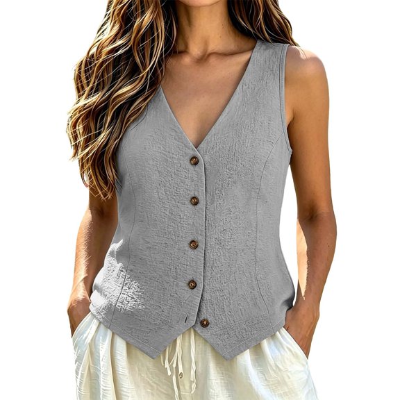Women's V Neck Button Down Vest, Sleeveless Summer Knit Tank, Lightweight Casual Layering Top