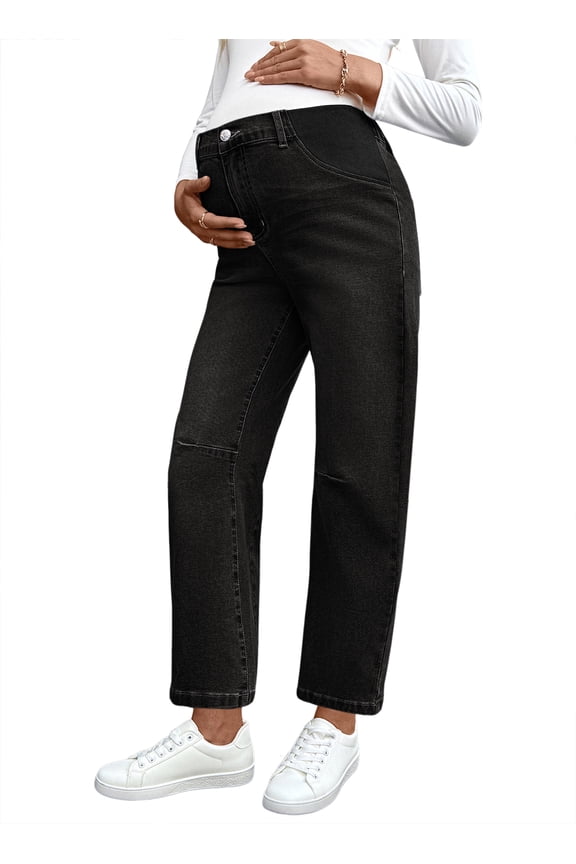 Women's Maternity Jeans Elastic Waist Baggy Barrel Jeans Side Panel Loose Denim Stretch Pants for pregnancy women