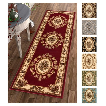 Well Woven Agra Traditional French Country Aubusson Floral Runner Rug - 2 3  x 7 3 Traditional French Country Aubusson classic collection is perfect blend of style and quality. Super soft and plush 0.5 inch pile gives an exceptionally textured look. The rug size of 2 3 x 7 3 offers beautiful traditional style that will fit any room in your home. This collection offers a new take on traditional in a fresh  yet timeless palate of warm  neutral ivory and beige  with vibrant jewel tone colors. Machine-made  very durable and easy maintenance and care Pile Height: 0.25 - 0.5 inch Product Features: Stain Resistant  Antimicrobial Material: Polypropylene Style: Traditional  Country Pattern: Floral Weave Type: Machine-Made Rug Type: Indoor Feature: Latex Free Exact Size: 2 3  x 7 3  Rug Size: 2  x 7  Shape: Runner Exact Color: Black/Beige  Ivory/Beige  Light Blue/Beige  Grey/Beige  Red/Beige  Beige/Brown  Green/Beige Secondary Color: Ivory  Beige Color: Ivory  Blue  Red  Black  Grey  Green  Brown Tip: We recommend the use of a non-skid pad to keep the rug in place on smooth surfaces. All rug sizes are approximate. Due to the difference of monitor colors  some rug colors may vary slightly. We try to represent all rug colors accurately. Please refer to the text above for a description of the colors shown in the photo.