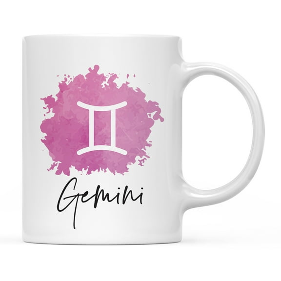 Koyal Wholesale Zodiac Sign Ceramic Coffee Mug, Gemini Sign Symbol, Pink Watercolor Design