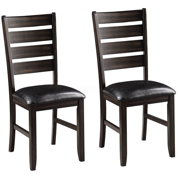 Modern Ladder Back Dining Chairs Set of 2, Black Faux Leather Upholstery with Espresso Wood Legs