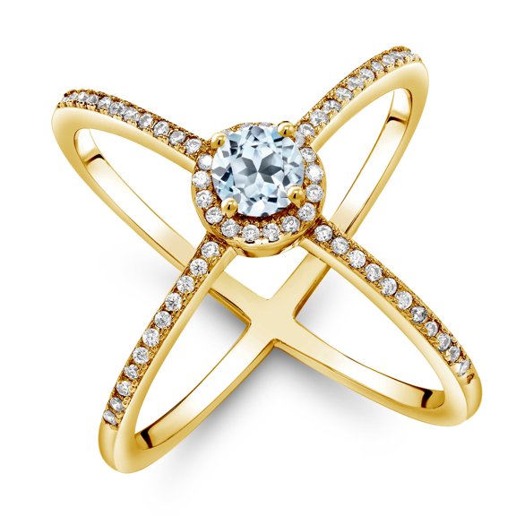 Gem Stone King 1.52 Ct Round Sky Blue Topaz 18K Yellow Gold Plated Silver Criss Cross X Ring (Size 5)
