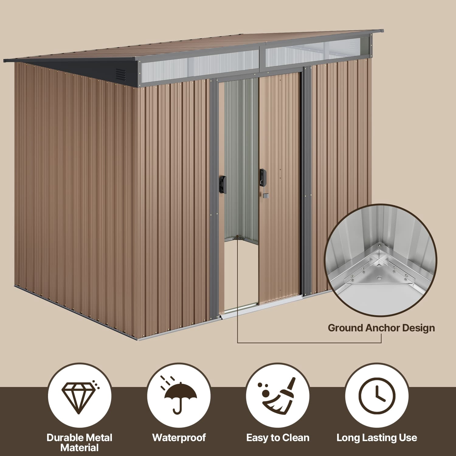 7.4'x5.3' FT Galvanized Steel Outdoor Storage Shed, Sliding Door Design, Multipurpose for Bike & Tool Storage - Brown