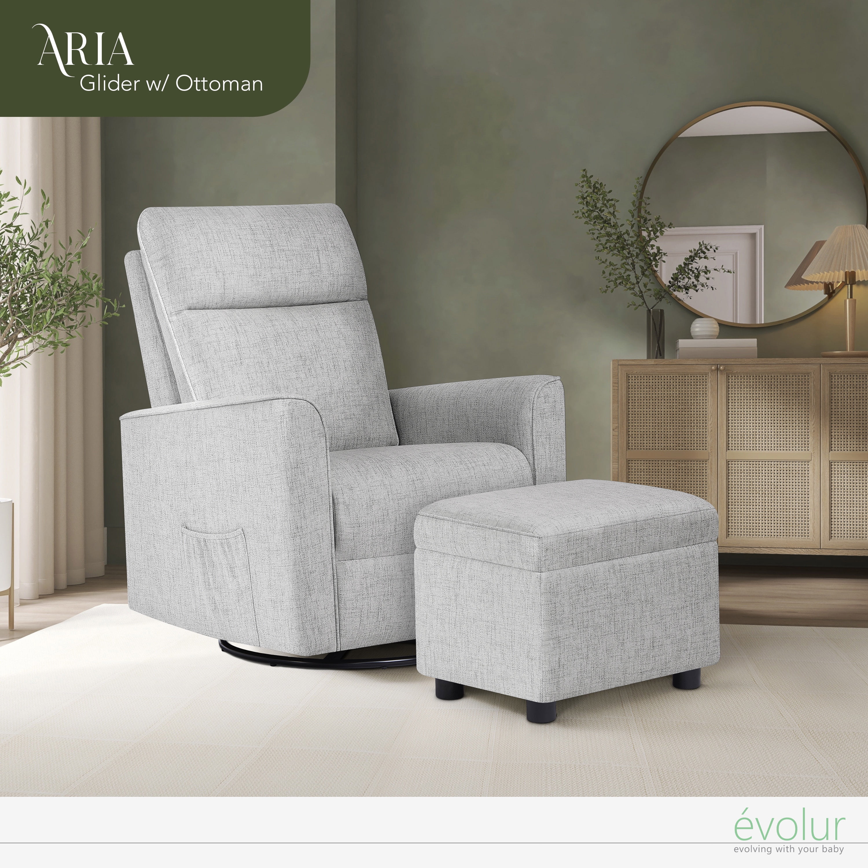 Evolur Aria Swivel Glider with Ottoman / Swivel Glider / Easy assembly Leisure Chair, Fog Grey