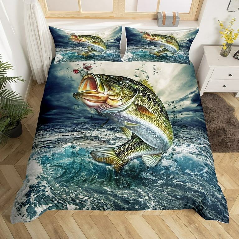 YST Bass Big Fish Comforter Cover Full Size,Pike Big Fish Bedding Set Eat  Small Fish Duvet Cover For Kids Boys Teen Men Ocean Fishing Bedspread Cover  With Zipper 2 Pillow Cases Green