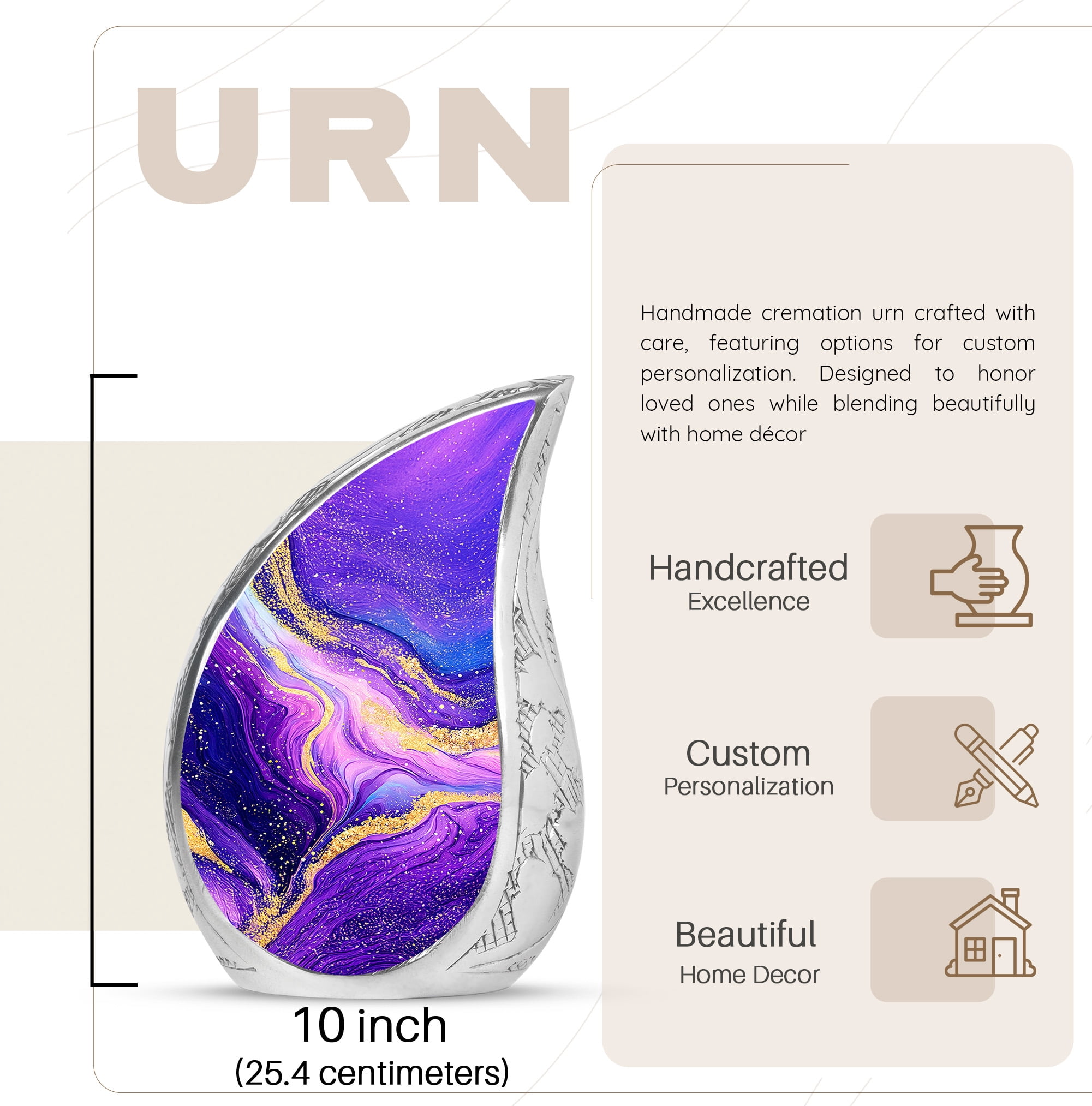 Purple And Gold Pattern Large Urns For Human Ashes Adult Female - Cremation Urn For Ashes Adult Women - Decorative Ash Urns - Memorial Gifts For Funeral Urn 10Inch & 200 Cubic Inches Capacity