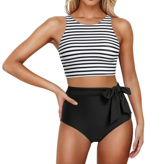TIHLMK Women's Solid Modest Two Piece Bikini Set Bow Tied Halter Top & High Waisted Bottoms Modest Swimsuit for Beach and Pool