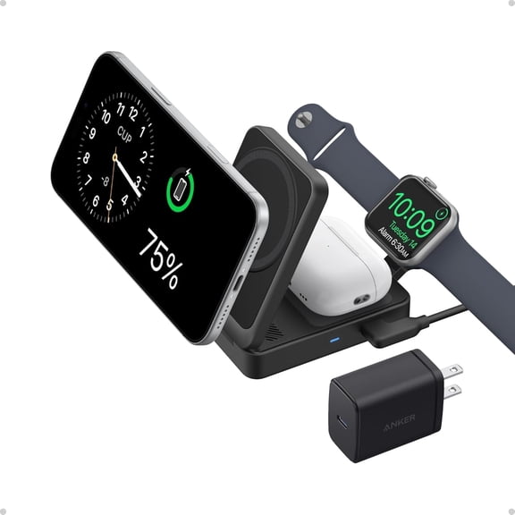 Anker MagGo 3 in 1 MagSafe-Compatible Wireless Charger Stand, Qi2 Certified 15W Foldable Charger, compatible for iPhone 17/16/15, AirPods, Apple Watch Ultra(Adapter Included)
