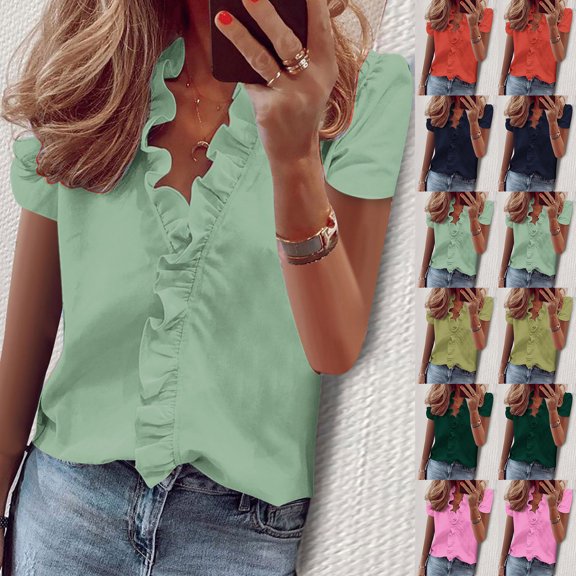Inverlee Blouses Women Boho Short Sleeve Tops Summer Loose Fit Solid Color Shirts Classic Holiday Tunic Top