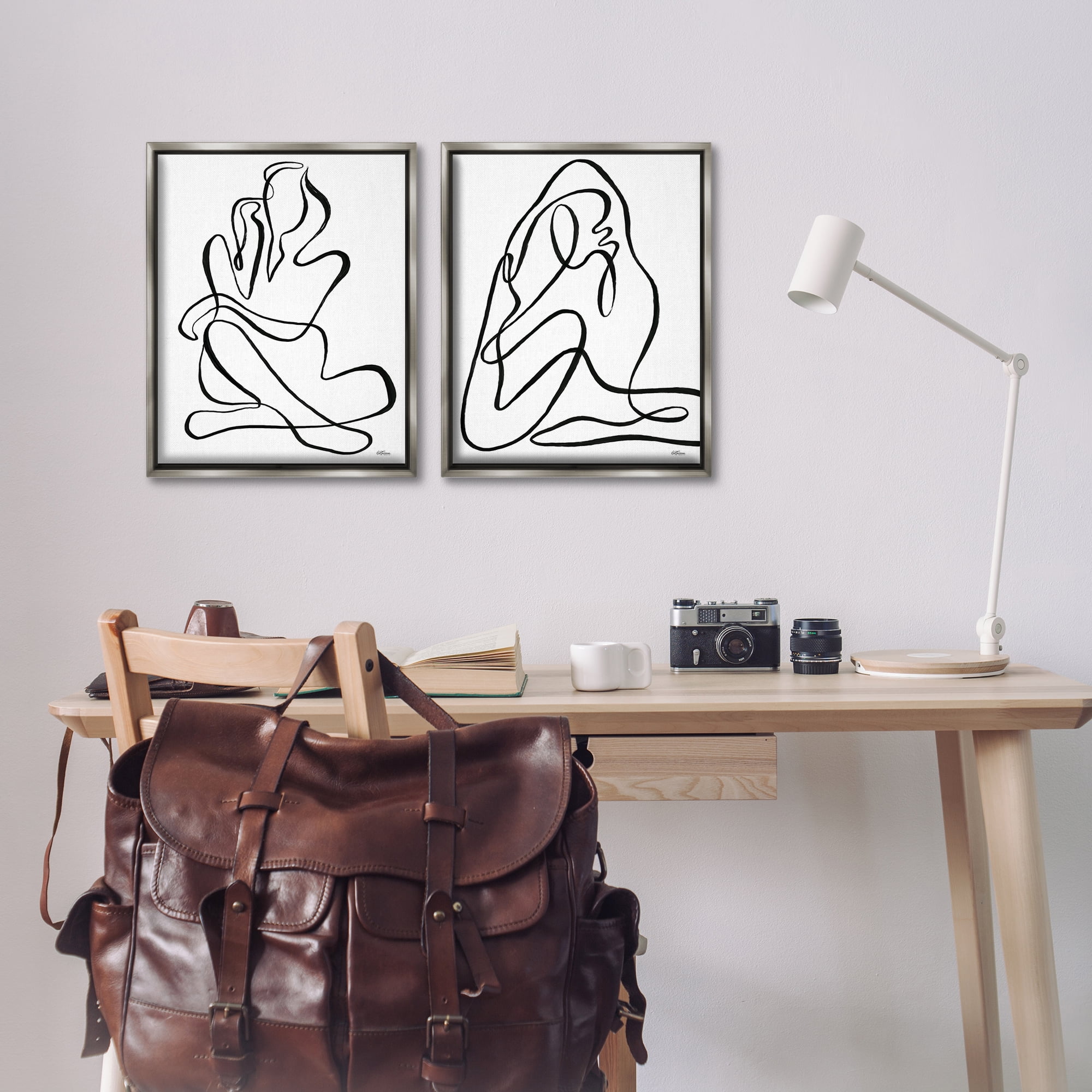 Stupell Industries Minimalist Female Figure People Painting Gray Floater Framed Canvas Art Print Wall Art, 17 x 21, Set of 2