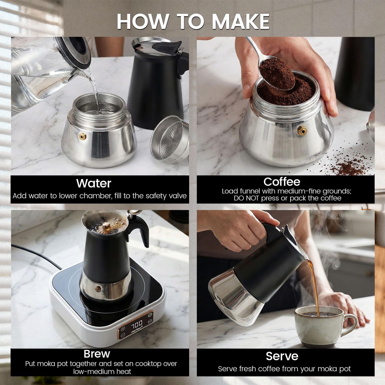Abangdun 700W 120V Mini Induction Cooktop with Stainless Steel Moka Pot 4 Cup (5.7 Oz)– Stovetop Espresso Maker Set, Espresso Stove Top Coffee Maker for RV, Travel, Small Kitchen Electric Stove