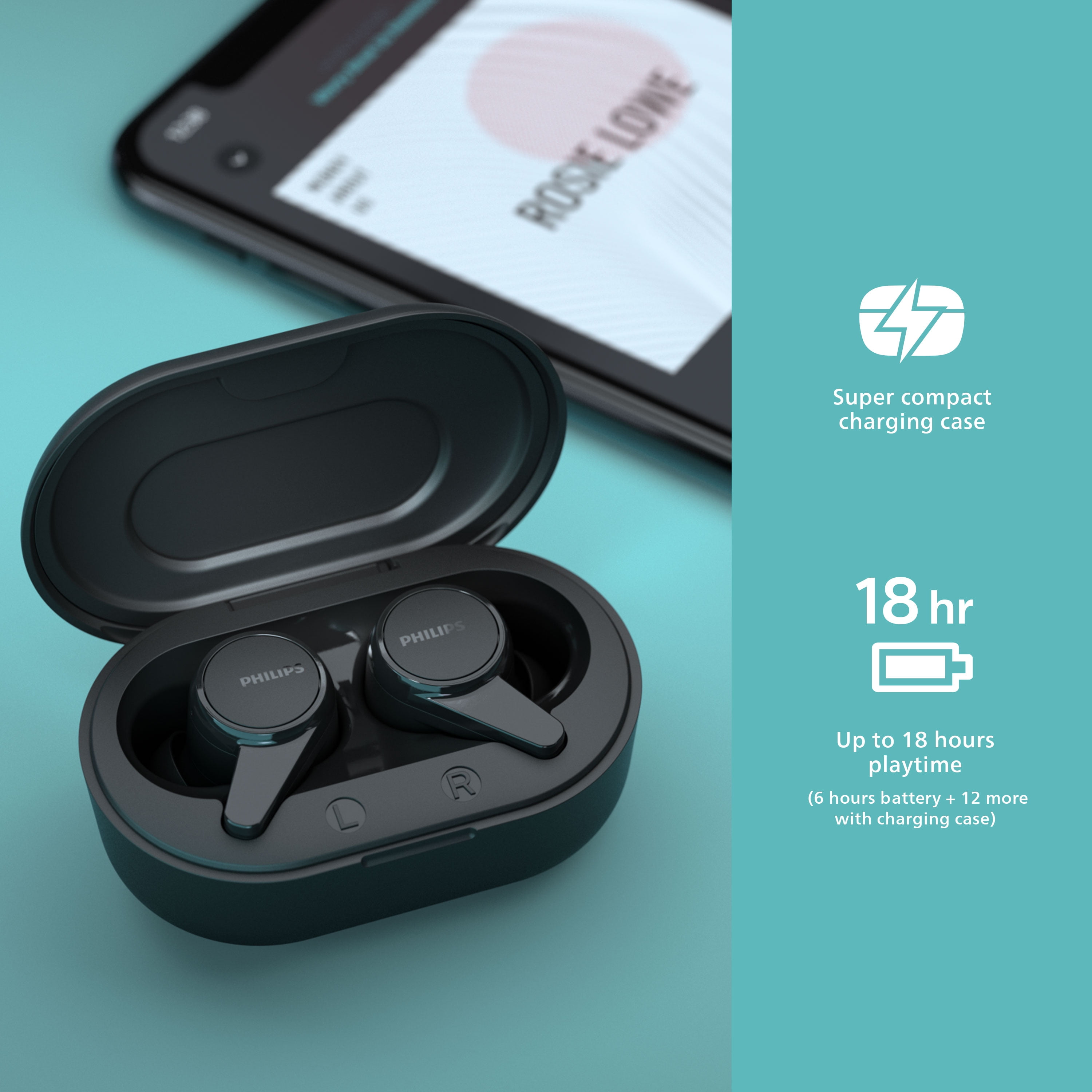 Philips T1207 True Wireless Headphones with up to 18 Hours Playtime and IPX4 Water Resistance, Black