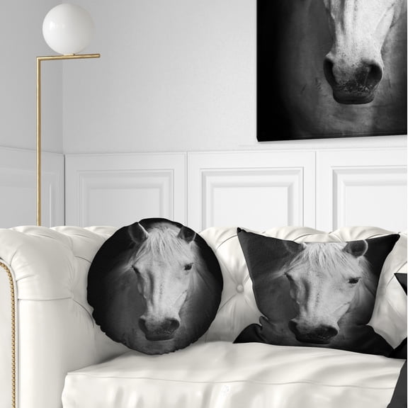 Designart White Horse Black and White - Animal Throw Pillow - 12x20