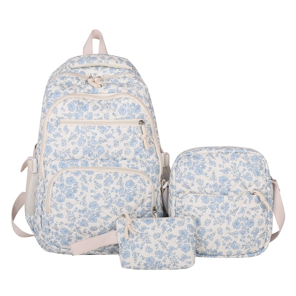 3Pcs Floral Backpack Set Stylish Daypack with Lunch Bag Pencil Case (Blue)