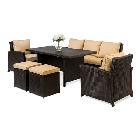 Best Choice Products 6-Piece Modular Wicker Patio Dining Sofa Set with 7 Seats and Glass Top Coffee Table,