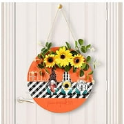 UgyDuky Welcome Door Sign, Round Sunflower Gnome Welcome Sign Front Door Hanger, Farmhouse Flower Sign Board Tag Decoration for Garden Porch Window Fall Autumn Decor
