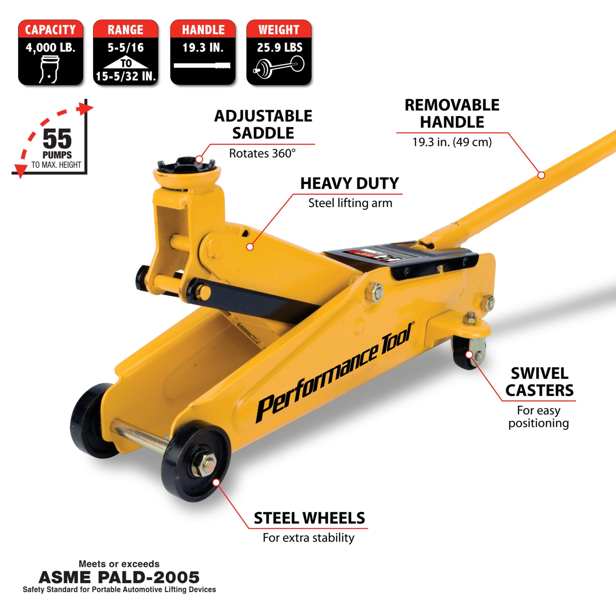 Performance Tool W1614 2 Ton Capacity Steel Floor Jack, Yellow