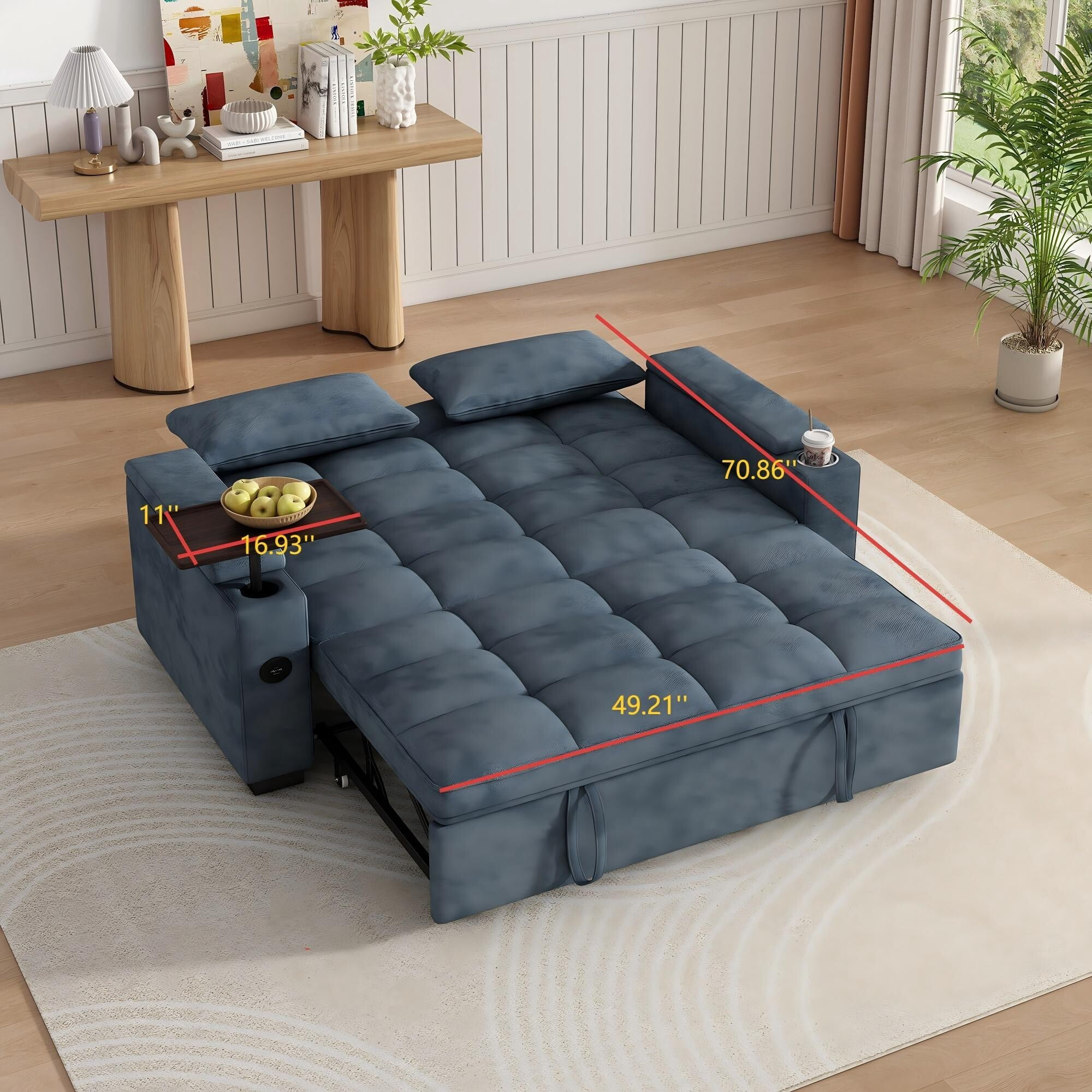 DEALTOPS 65" 3-in-1 Sleeper Sofa Bed, 3-Position Pull Out Couch with 90° Swivel Table, USB & Storage, Chenille, Blue