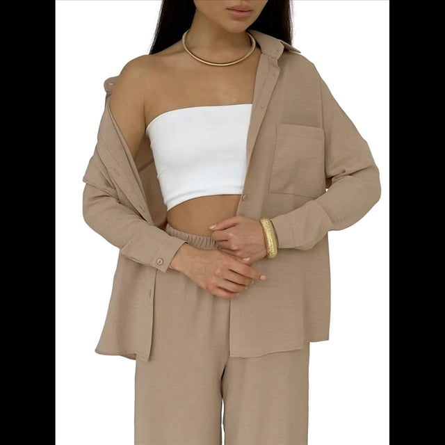 Conjuntos de 2 Piezas para Mujer: Conjuntos Casuales de Salón, Camisas de Larga con Botones y Pantalones de Pierna Camello S