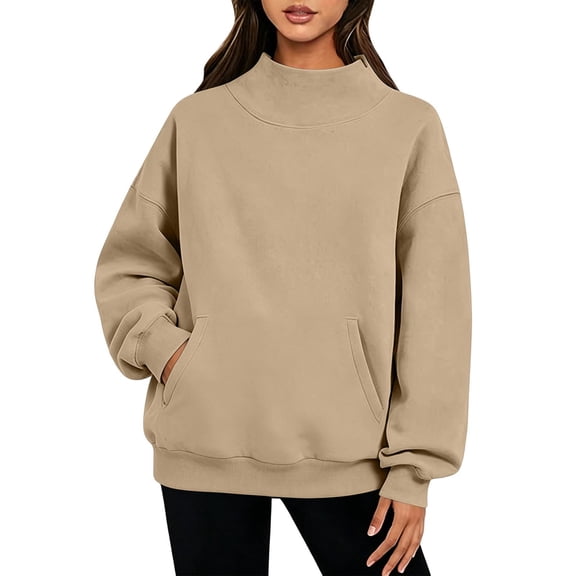 Sevevn Women's Solid Mock Neck Fleece Sweatshirt Loose Long Sleeve Pullover With Side Pockets Fall Winter