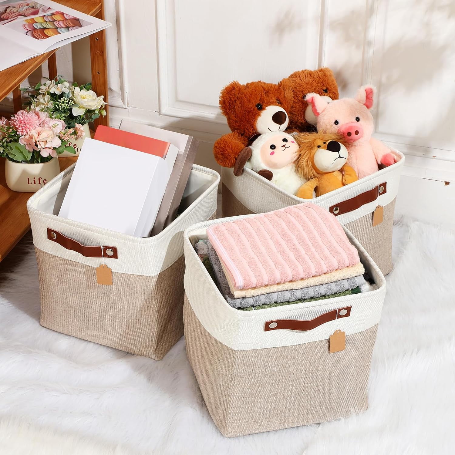 10 Pcs Collapsible Storage Bins Fabric Foldable Storage Basket with Handles Cloth Basket Organizer Linen Shelf Baskets for Shelves Home Closet Nursery Toys (Beige and White,12 x 12 x 12 Inch)