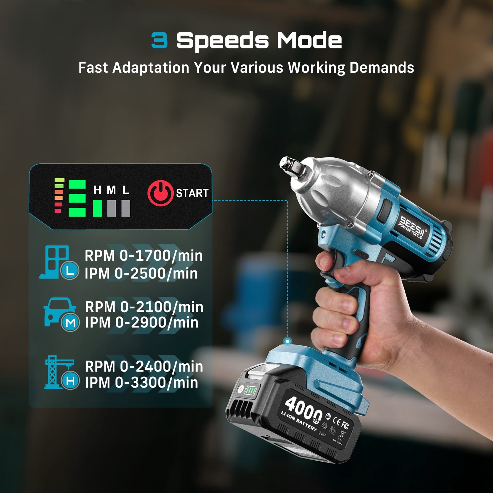 Seesii Electric Cordless Impact Wrench  1/2 885 FT-LBS(1200N.m) 3300IPM High Torque Brushelss Impact Gun 2x4.0Ah Battery 6 Sockets&Case