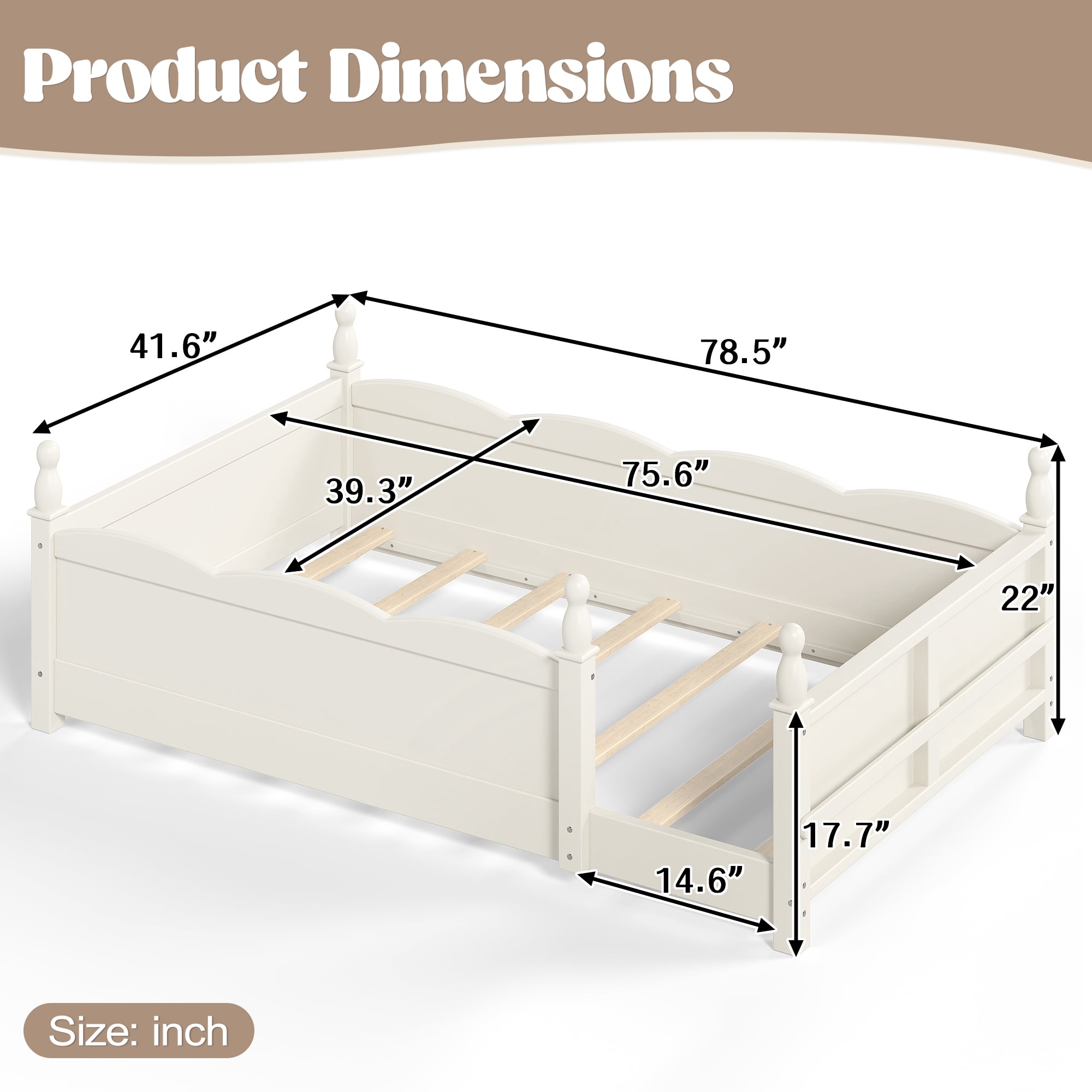 Montessori Twin Floor Bed with Full-Length Guardrails and Bookshelf, Low Profile Kids Bed with Childlike Design, Beige