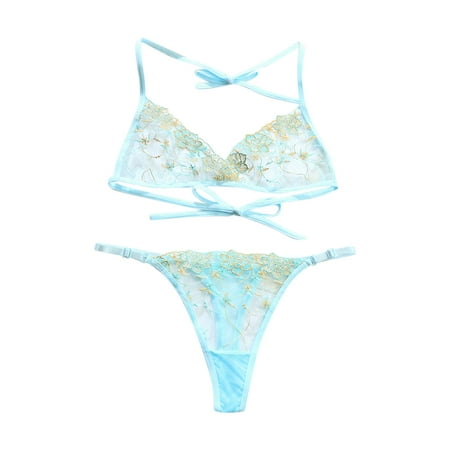 

LBECLEY Womens Lingerie Underwear Men 34 Women Lace Mesh Embroidery with French Style Lingerie Strap Bra Set Brief Pack Men Push Up Bras for Women Light Blue S