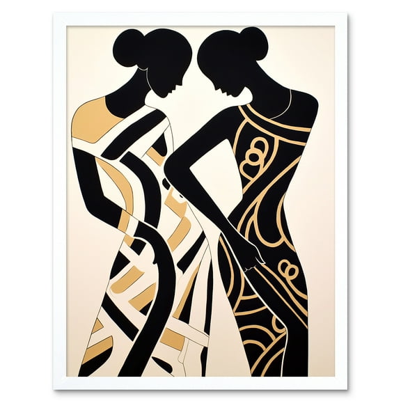 Women Dancing Abstract Pattern Dress Beige Black Silhouettes Body Line Art Print Framed Poster Wall Decor 12x16 inch