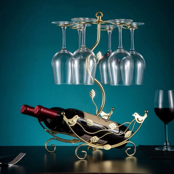 Wine Rack with Glass Holder-Hold 2 Wine Bottles and 6 Glasses