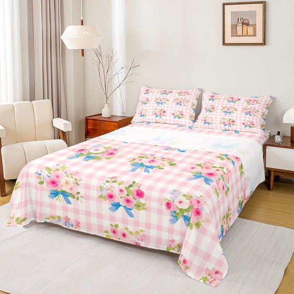 Homewish Retro Flower Floral Twin Sheet Sets,Pink Plaid Grid Twin Fitted Sheet,Blue Bow Knot Ribbon Flat Sheet For Girls Teens,Microfiber Bedroom Decor,3 Pieces
