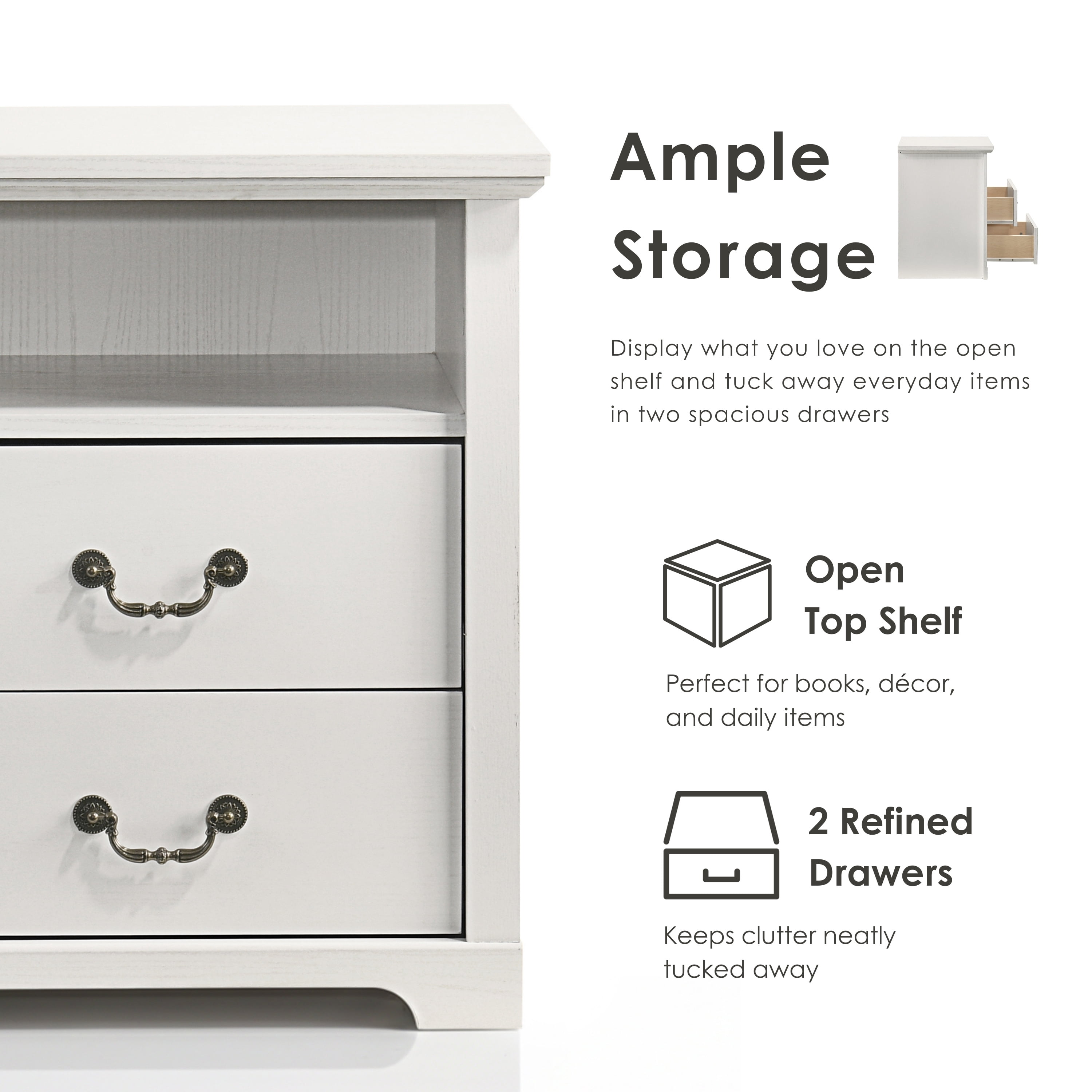 Furniture of America Chara Modern Wood 2-Drawer Nightstand with Open Top Shelf, White