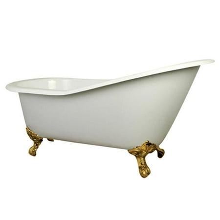 - 61 in. Cast Iron Safe & Anti-Slide Cast Slipper Bathtub with Polished Brass Feet and 7 in. Centers Faucet Drillings, White