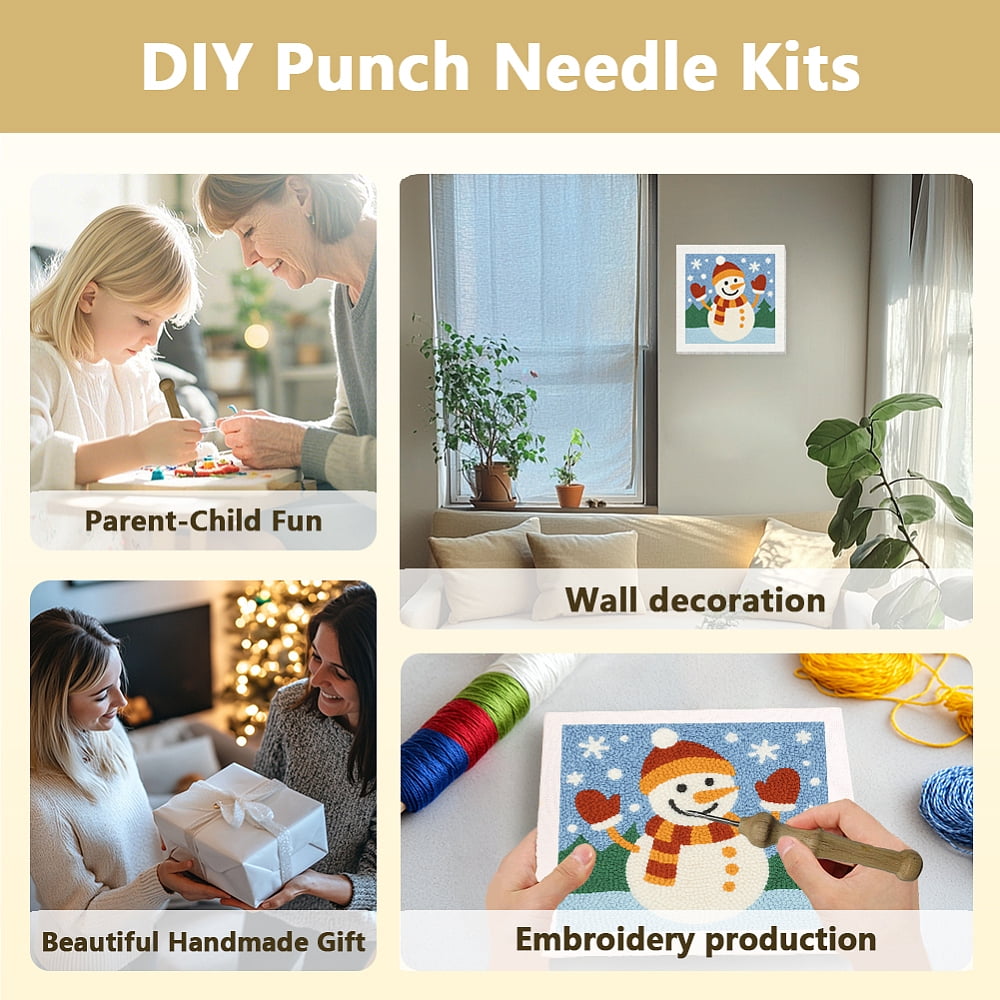 Polyester Cotton Punch Needle 4Folded Yarns Embroidery Kits Included Threader Cotton Thread Punch Needle Thread Clips 3.5MM Wooden Needle Snowman