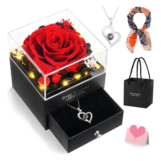 Rosa Natural Eterna con Collar Corazón, Regalo para Mujeres Mamá Esposa Novia, Día de la Madre o San Valentín
