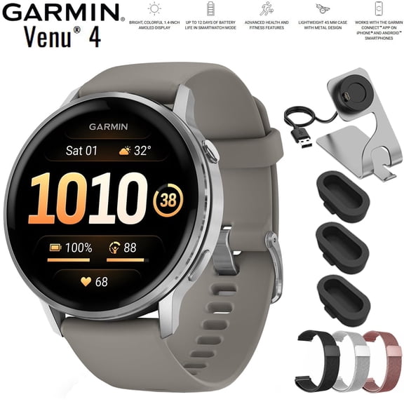 Garmin Venu 4 45 mm Health & Fitness GPS Smartwatch Silver with Silver Gray Band 010-03014-01 Bundle with Deco Essentials 22mm Milanese Band 3 Pack, Charging Dock and Silicone Dust Cover 3 Pack