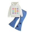 thumbnail image 5 of Girls 2-Piece Set White Floral Hoodie & Flare Jeans, 70s Retro Matching Outfit with Heart Patches for Kids to 8 Years,Size 6-7 T, 5 of 8