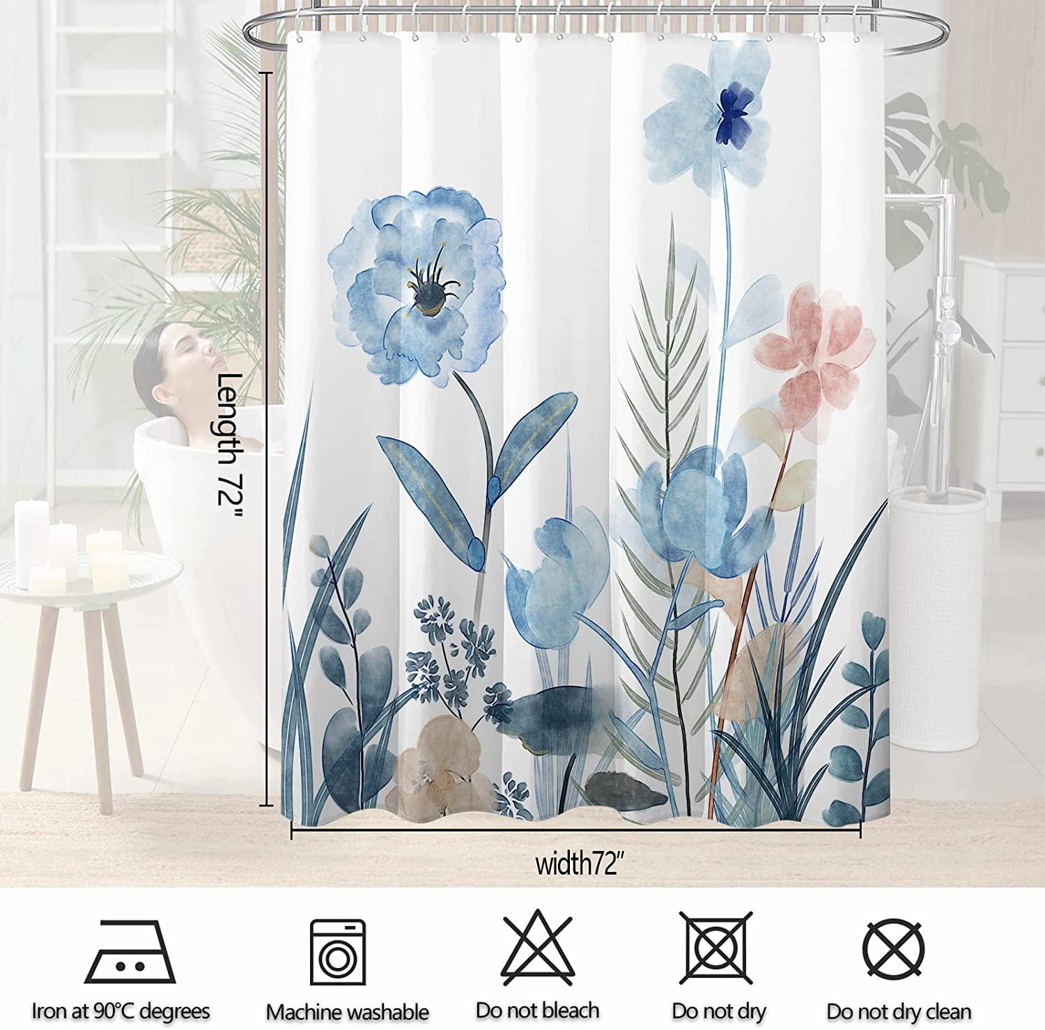Blue Floral Shower Curtain Sets,White Blush Flowers Bathroom Shower Curtains,Spring Wildflower Plant Bath Curtains with 12 Hooks 72x72in,Waterproof Fabric