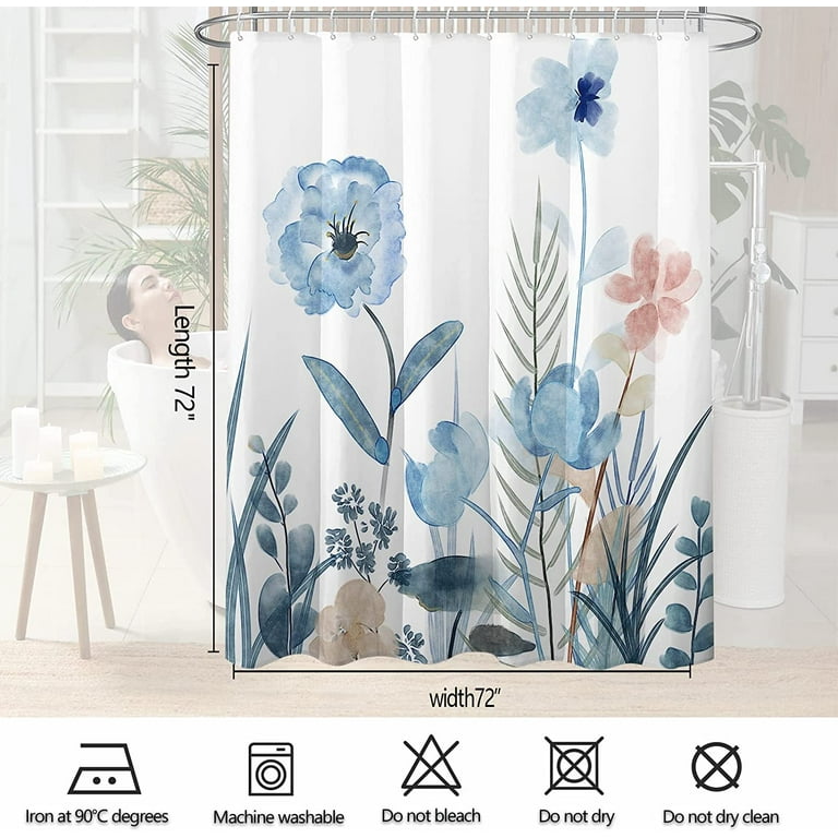 Pink Blue Floral Shower Curtain - Watercolor Flowers Bathroom Decor 72x72 Inches