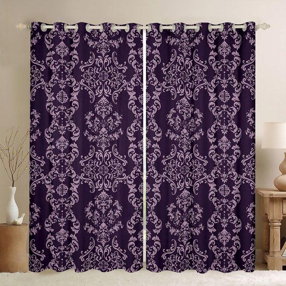 jejeloiu Victorian Baroque Floral Black Out Curtains,Purple Vintage Damask Curtains Pack of 2 (42x63 Each) For Girls Boys