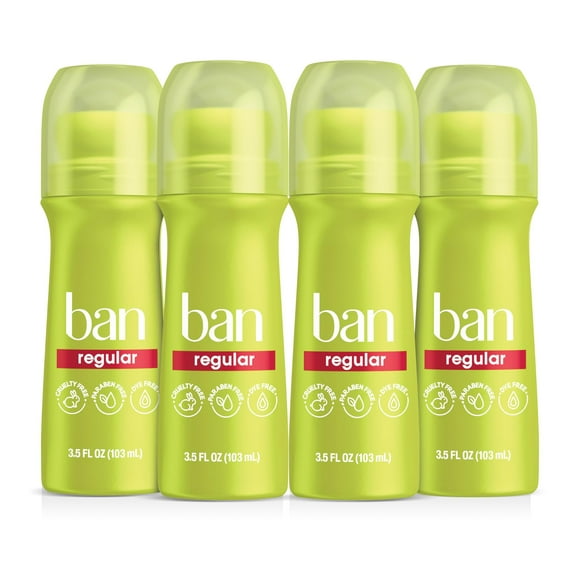 Ban Déodorant Antitranspirant Roll-on Invisible pour Femmes et Hommes, Protection contre les Odeurs et la Sueur des Aisselles 24 Heures, Parfum Régulier, 3.5 Oz, Lot de 4