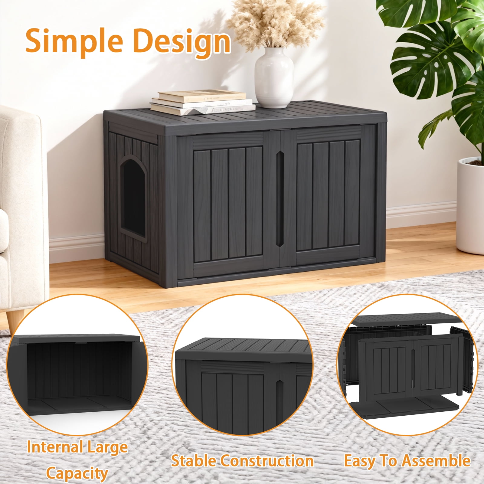 EASY UP resin cat house weatherproof scratch-resistant outdoor and indoor cat litter rooms stray cats pet supplies storage(black)