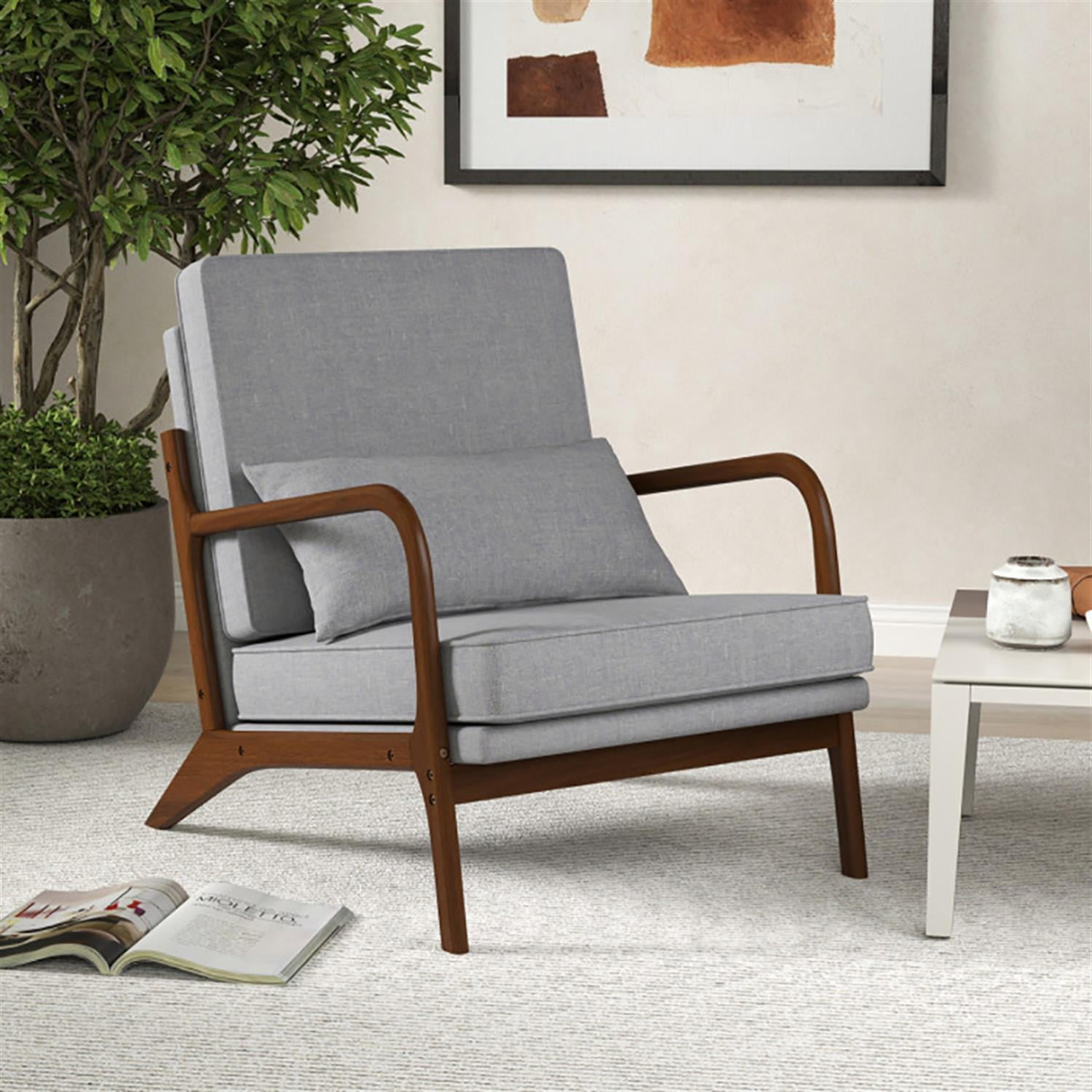 Demi Bonn Modern Accent Chair, Elegant Armchair with Rubber Wood Armrests and Removable Back, Suitable for Living Room Bedroom Reception Room Office, Gray