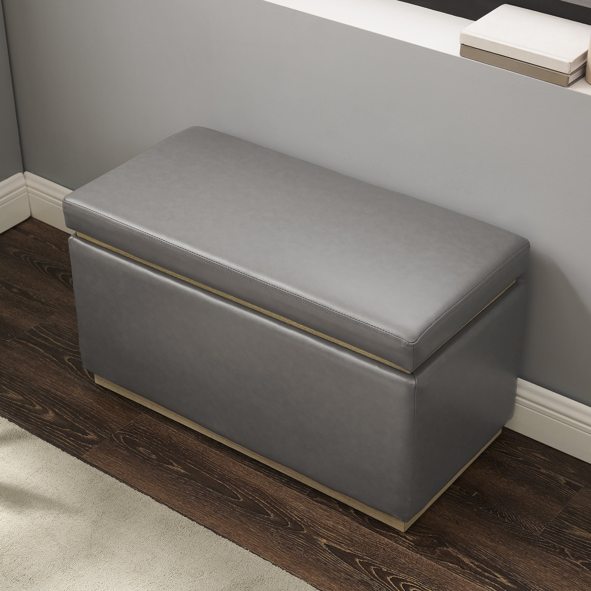 Linon Elta Rectangle Storage Ottoman, Gray Faux Leather