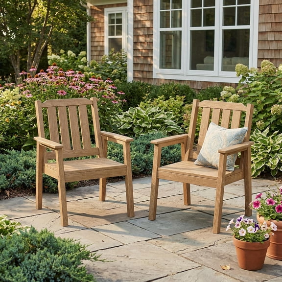 Outdoor Patio Dining Chairs Set of 2, All-Weather Waterproof HDPE Garden Chairs, Heavy-Duty 650 LBS Comfy Oversized Patio Chairs for Backyard, Deck, Porch & Poolside, Wood