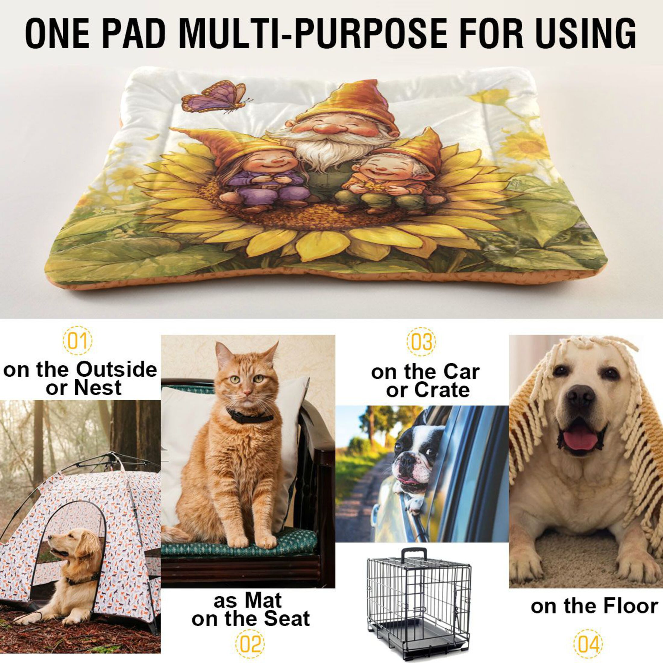 Qxltty Dwarf Elves Sunflower Ped Pad Wear-resistant and Hard to Bite Through Sleeping Pad for Small Medium Large Dogs Winter Pet Bed 36×24in